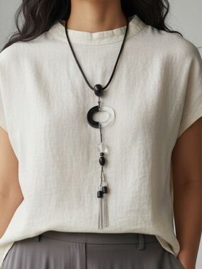 Chico's Long Black Cord Necklace with black and clear acrylic